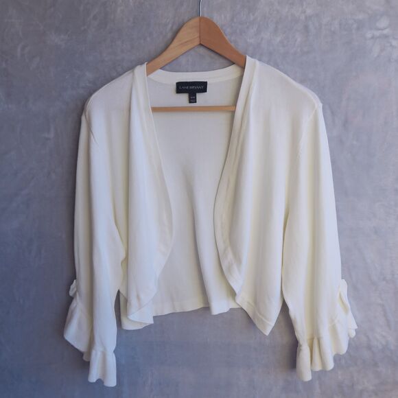 LANE BRYANT Ivory Open Front Cardigan Size 18/20 Cropped Ruffle Sleeve Romantic - Picture 6 of 10